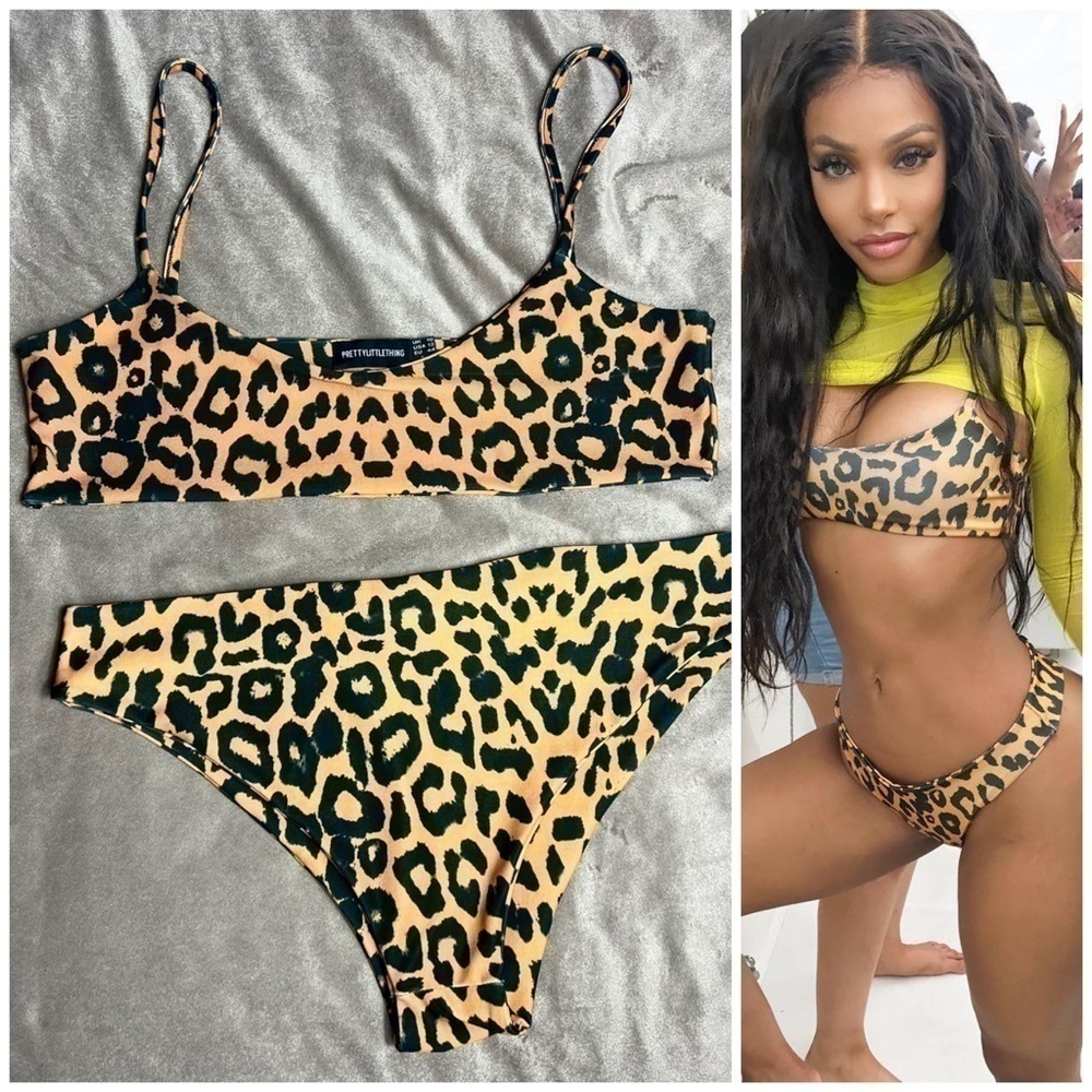 Pretty Little Thing Leopard Cheetah Print Stretch Bikini Set 2 Piece Sz 12 Large - Picture 1 of 8
